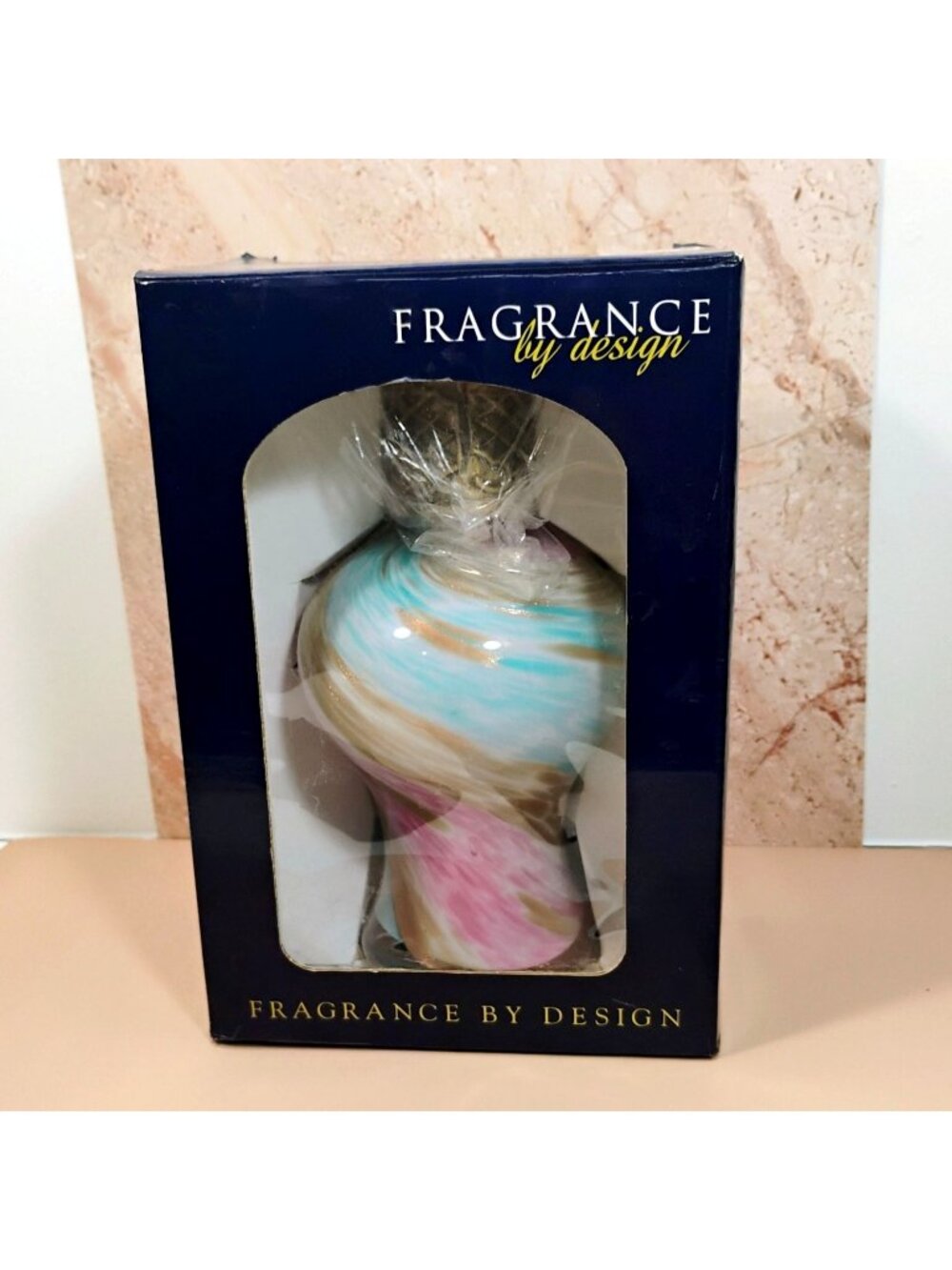 Vtg New in Box Catalytic Fragrance Lamp 8" Swirly Glass Pink Blue Gold Glitter